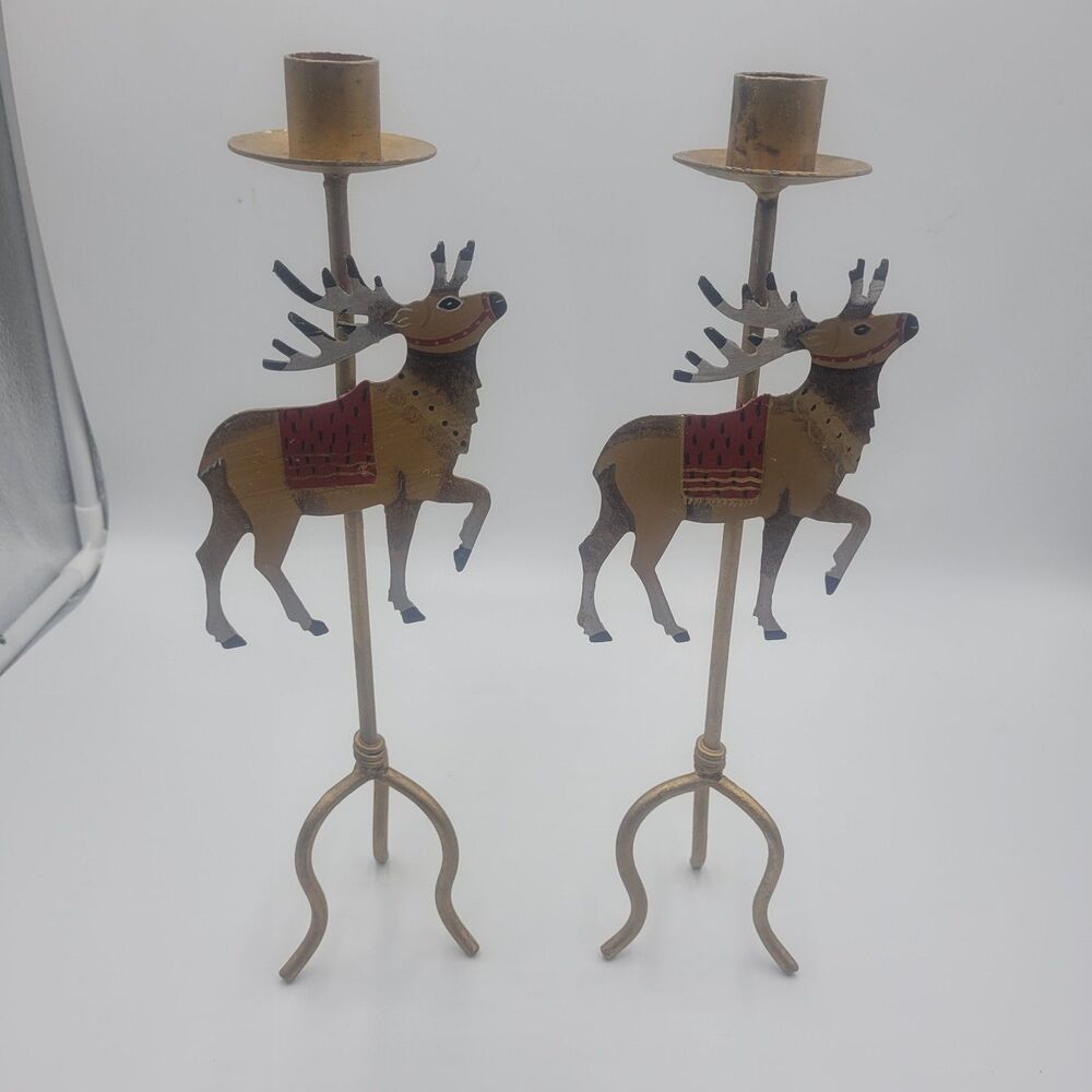 Christmas Metal Reindeer Candle Holder Candlestick Pair Hand Painted Elk Caribou